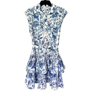 Current Air Blue White Floral Pleated Tiered Mini Shirtdress Medium Spring
